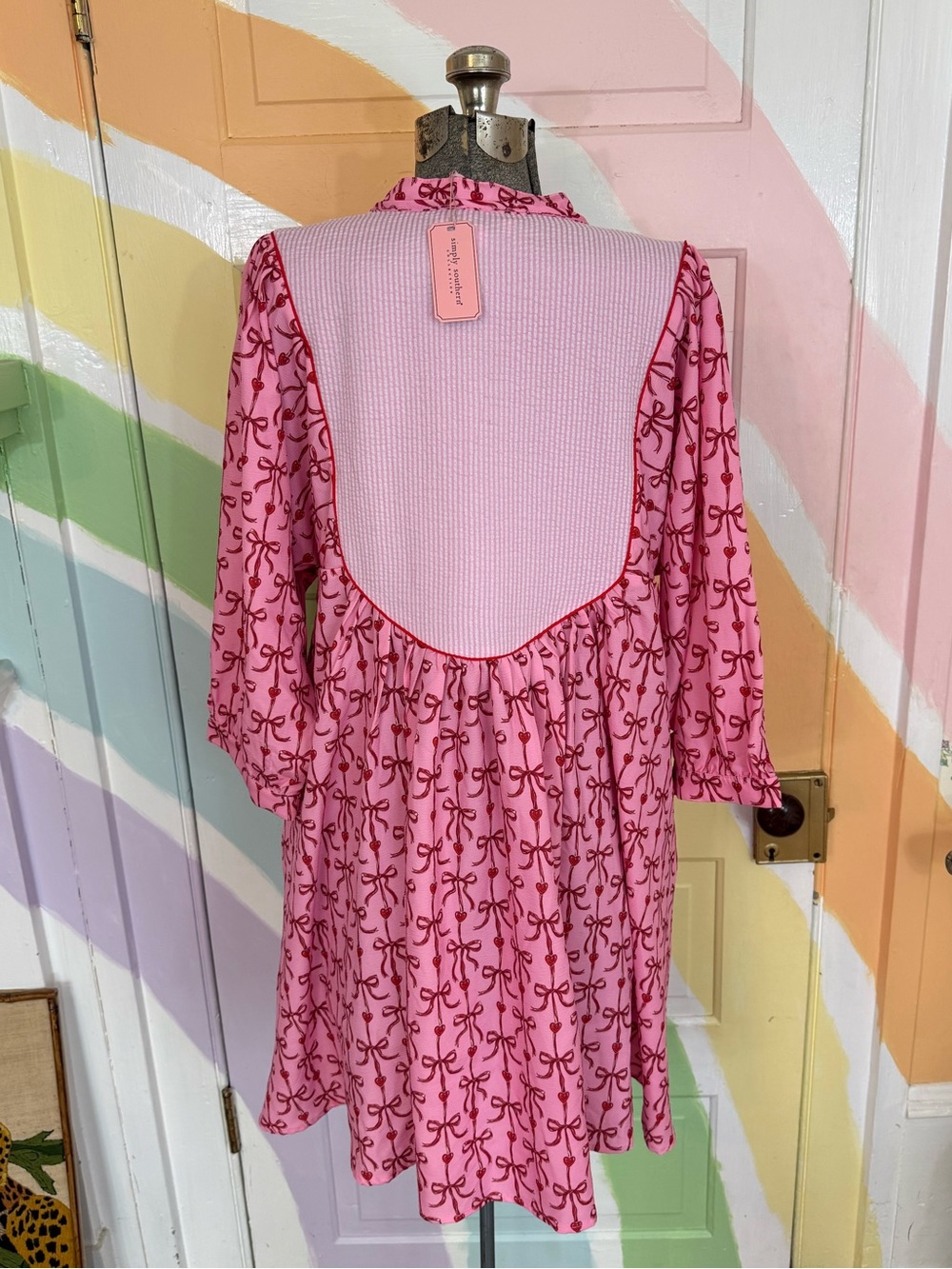 NWT Simply Southern Red and Pink Preppy Bow and Heart Seersucker Dress Sz L π§‘π - Picture 6 of 11